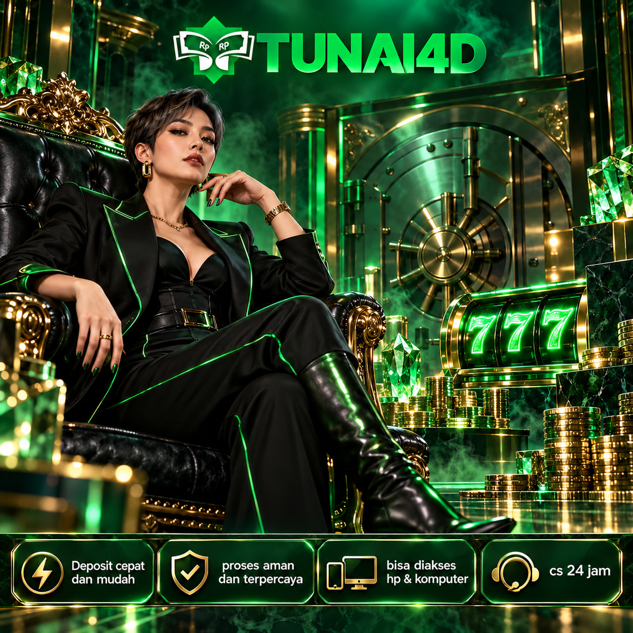 TUNAI4D: figur dalam ruang bernuansa hijau dan emas
